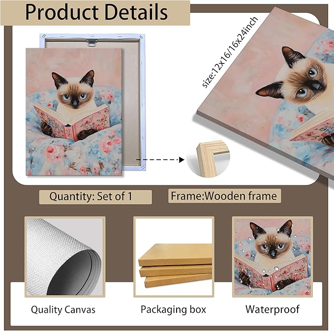 Framed Cat Reading Book Canvas Wall Art, Cute Pink Siamese Cat Wall Decor Print Painting, Funny Animal Lovers Picture for Bedroom Living Room Kids Room Girls Room Home Decor 12x16 Inch