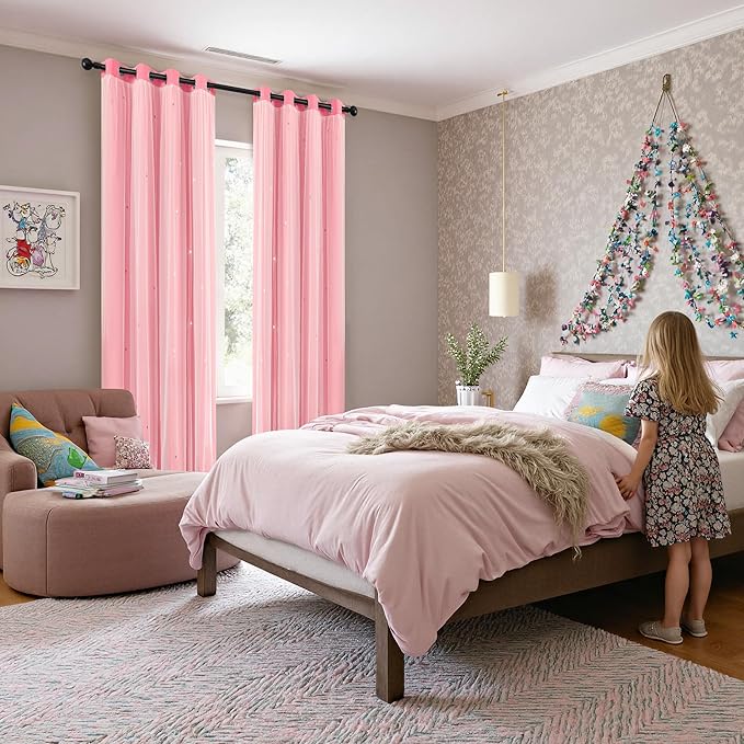 XiDi Pink Curtains for Girls Bedroom 84 Inches Long Blackout Nursery Curtains Double Layer with Sheer Overlay for Kids Toddler Princess Room Grommet Privacy Room Darkening Window Drapes 34 x 84 Inch