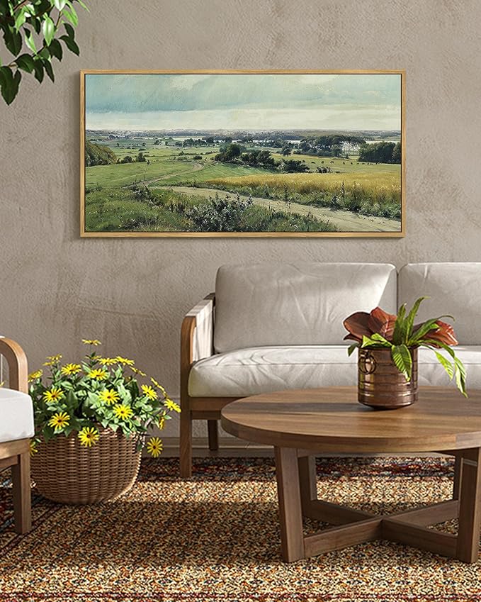 SHENIFY Vintage Landscape Framed Wall Art Rustic Countryside Meadow Farmhouse Decor Retro Grassland Painting for Hallway Bedroom Living Room Dining Room - 20x40in Natural Framed