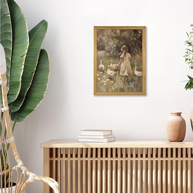 Wood Framed Canvas Wall Art, Vintage Girl with Ducks Painting Poster, Countryside Pastoral Landscape Print Picture, Rustic Farmhouse Wall Decor for Living Room Bedroom Nursery 16x24 inch