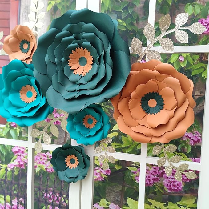Paper Flower with Leaf for Wall Pack of 6 (Blackish Green Teal)