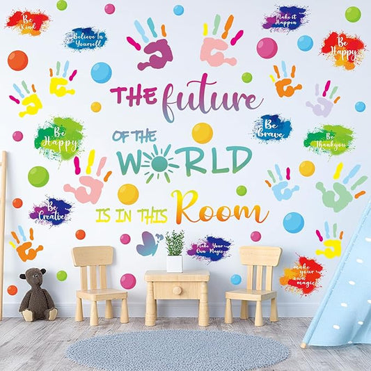 Colorful Inspirational Wall Decals for Classroom Decor, Vinyl Paint Splatter Handprint Inspirational Quotes Wall Stickers for Kids Bedroom School Nursery Decorations