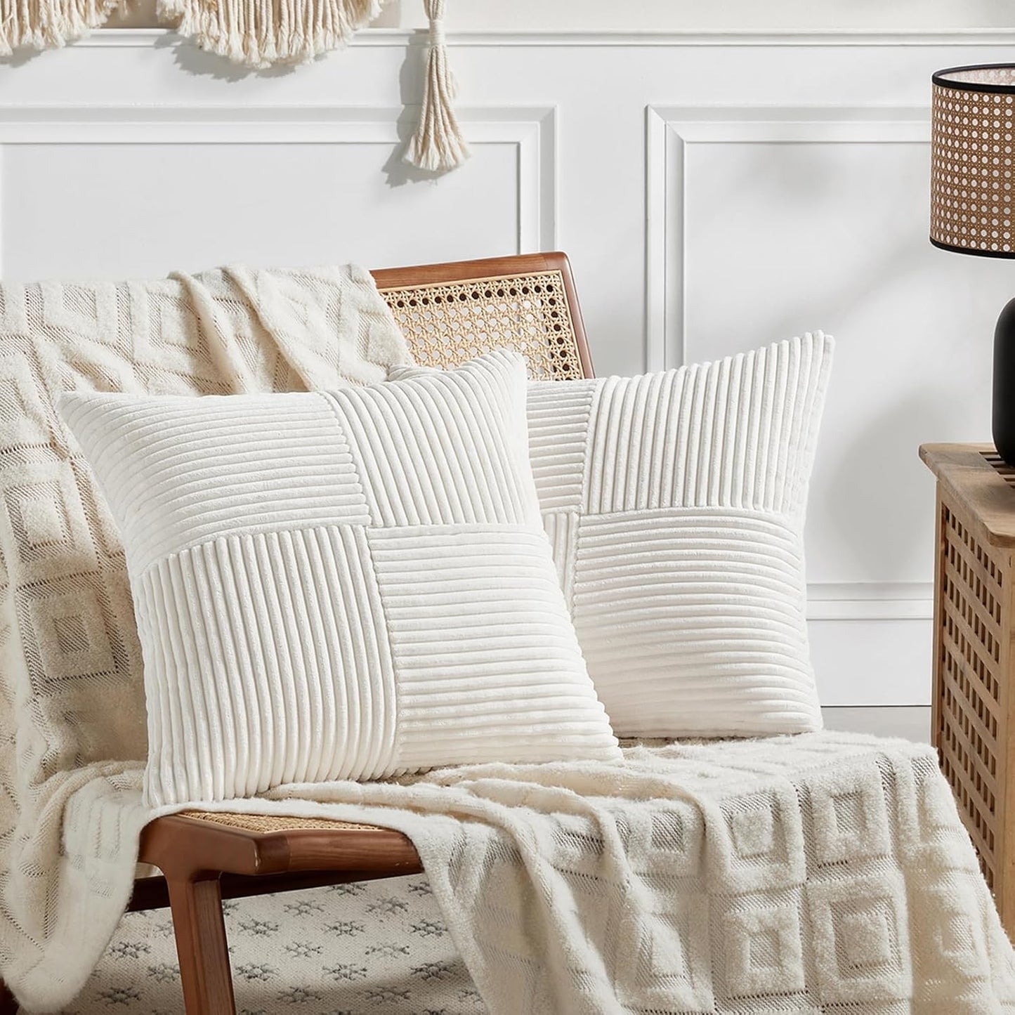Fancy Homi 2 Packs Cream White Big Decorative Throw Pillow Covers 24x24 Inch for Living Room Couch Bed, Farmhouse Boho Home Decor, Soft Corss Corduroy Patchwork Accent Square Cushion Case 60x60 cm