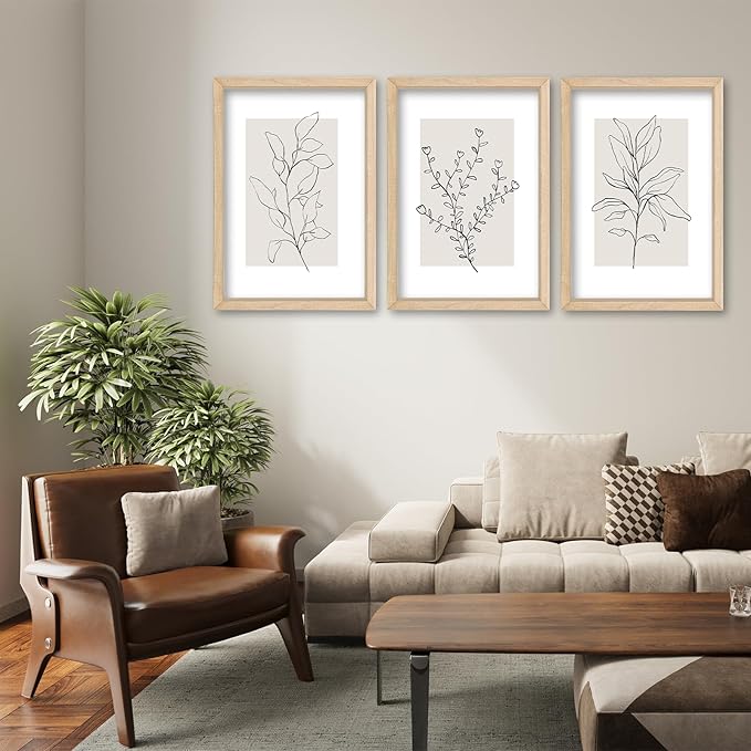 YWJKWLGS Neutral Botanical Prints Framed Wall Art Decor 11x16 Inch Set of 3 Boho Plant pictures Sign minimalist Vintage for Bedroom Office bathroom Wall Hanging (Wood)
