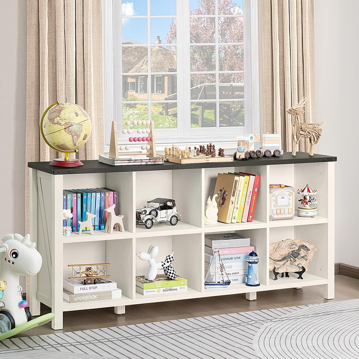 8 Cube Book Shelf, Farmhouse Wood Long Storage Organizer Bookcase, 62" Horizontal Antique White & Black Console Bookshelf, Kids Toy Storage Cabinet, Modern Open Book Case for Playroom, Office