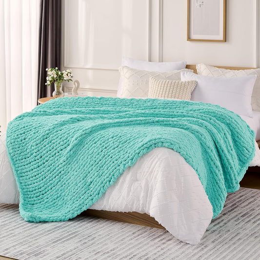L'AGRATY Chunky Knit Blanket Throw: 50''x60'' Chenille Chunky Knitted Throw Blanket for Bed Couch - Handmade Thick Big Cable Knit Blanket - Large Crochet Rope Blanket for Home Decor(Lake Blue)