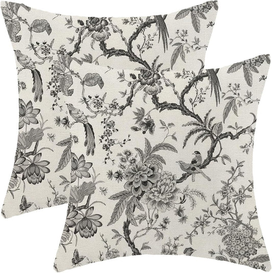 CXMEIFLY Spring Floral Birds Pillow Covers 20 x 20 Inch Set of 2 for Chinoiserie Flowers Decor Throw Pillows Black and White Plant Outdoor Decorative Cushion Cases for Couch Bed Decorations