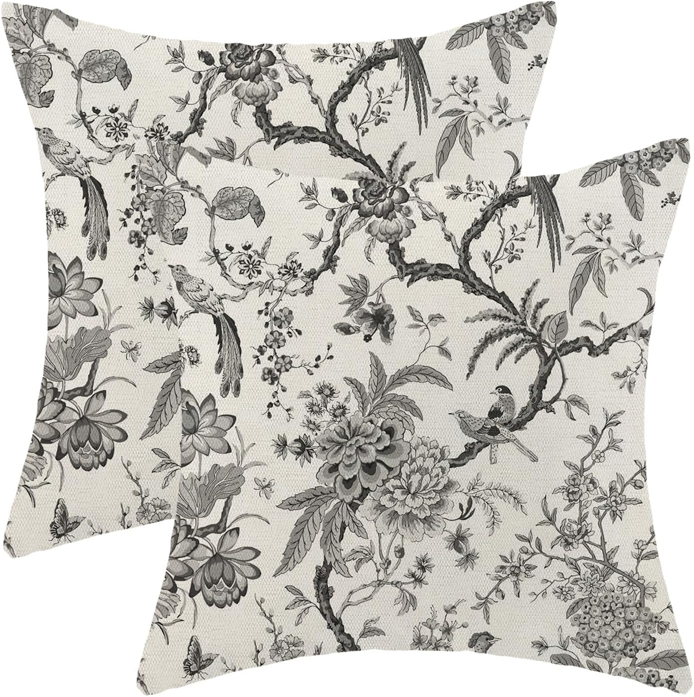 CXMEIFLY Spring Floral Birds Pillow Covers 18 x 18 Inch Set of 2 for Chinoiserie Flowers Decor Throw Pillows Black and White Plant Outdoor Decorative Cushion Cases for Couch Bed Decorations