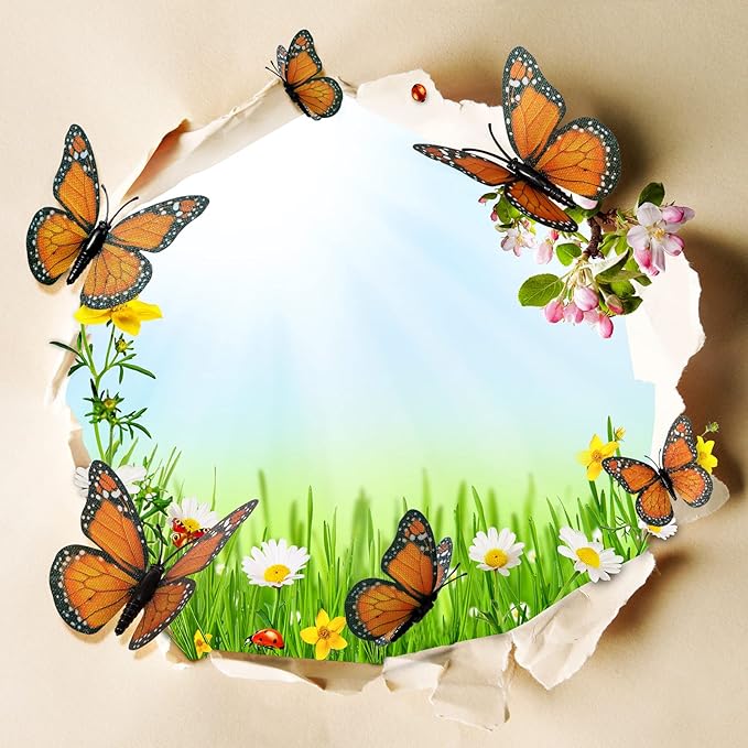 Chuangdi 48 Orange Monarch Butterfly Decorations 3 Size Fake Butterflies Realistic Butterfly Craft Artificial Mariposas Wall Decor for Craft Wedding Home Birthday Party (3.2inch,4inch,4.7inch)