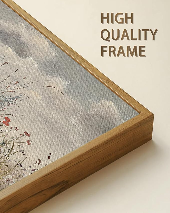 SHENIFY Vintage Landscape Framed Wall Art Wildflower Field Scenery Farmhouse Decor Retro Meadow with Flowers Painting for Kitchen Living Room Bedroom Bathroom - 8x10in Natural Framed