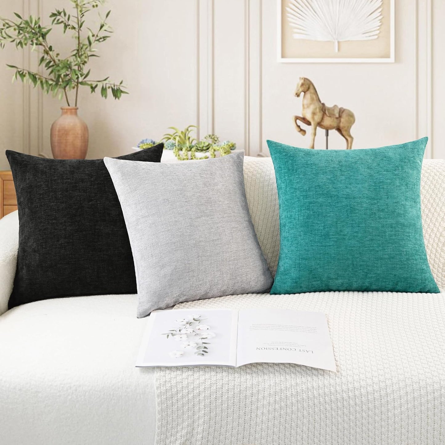 CaliTime Throw Pillow Covers Decorative 24 X 24 Inches Pack of 2 Cozy Chenille Cushion Cases for Couch Sofa Bed Living Room Home Moonbeam Gray