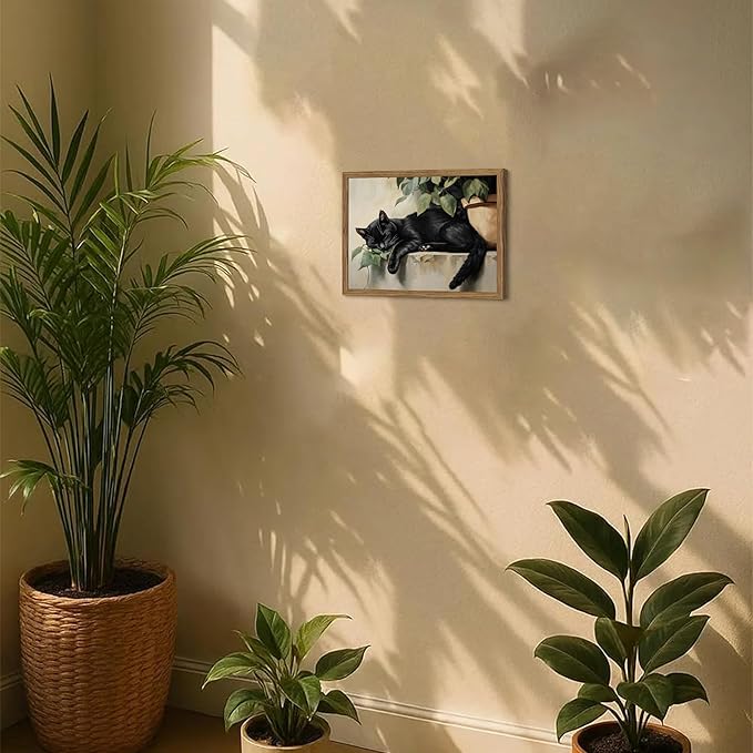 Framed Black Cat Wall Art, Vintage Sleeping Cat Picture Wall Decor, Cute Animal Poster Canvas Prints, Rustic Plant Paintings Artwork for Living room Bedroom Bathroom Decor – 8x10 inch