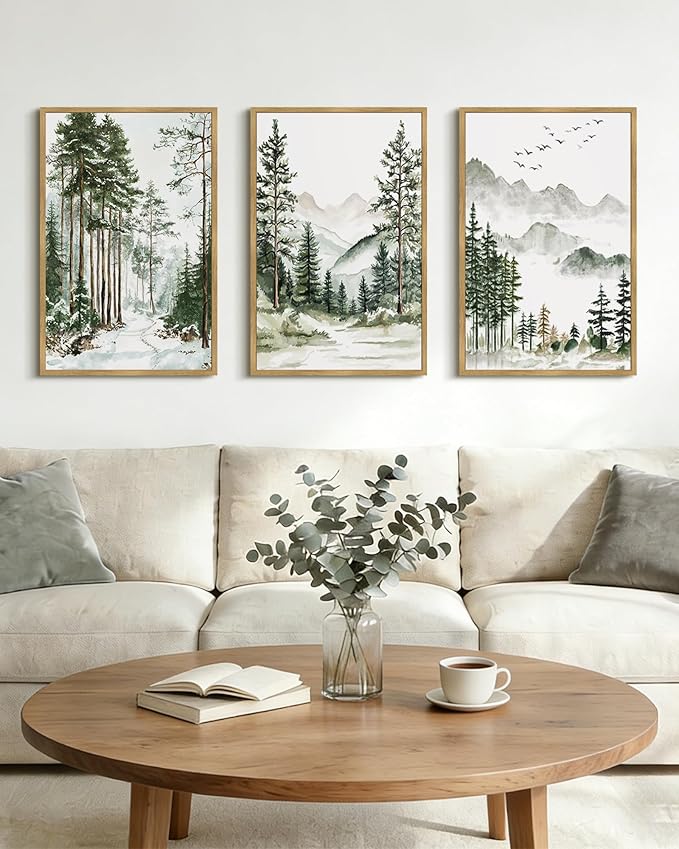 Drsoum Green Tree Forest Mountain Framed Wall Art Nature Landscape Prints Morden Wilderness Artwork Hallway Bedroom Ready to Hang 16x24in Natural Framed