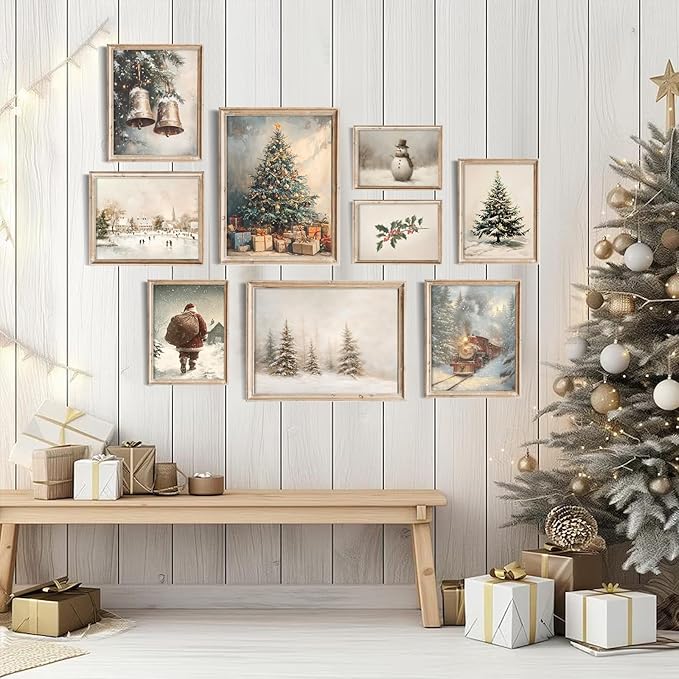 uniro Christmas Wall Art Prints, Vintage Christmas Decor, Farmhouse Winter Holiday Canvas Art Prints, Snowman Pine Tree Santa Claus Forest Landscape Xmas Poster Set, Rustic Christmas Picture Wall Decor for Bedroom, Living Room, Gallery, Winter Room Dec...