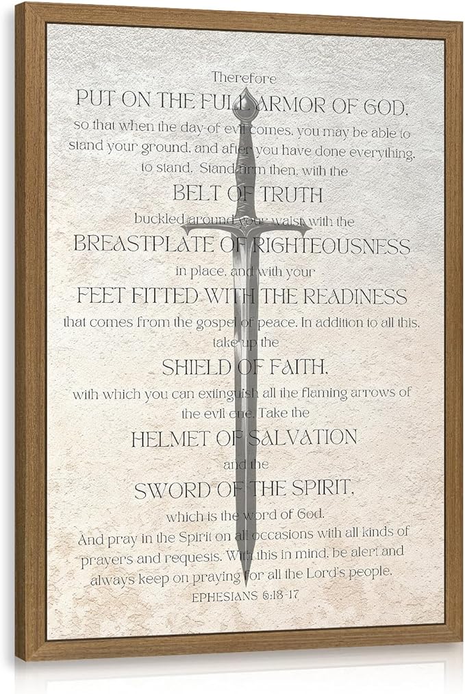 Clicyre Christian Wall Art, Bible Verse Wall Decor, Armor of God Canvas Print, Ephesians 6:10-18 Scripture Print, Sword of the Spirit Home Decor for Bedroom Prayer Room Wood Framed 12x16 Inch
