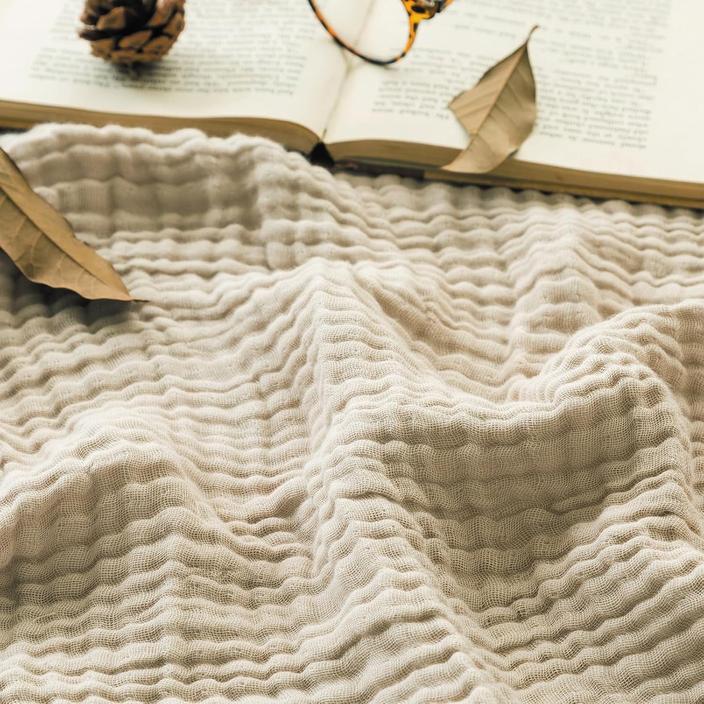EMME Cotton Throw Blanket Large 50"x70" Gifts for Women 100% Muslin for Couch Breathable Gauze All Season Soft and Lightweight Pre-Washed (Light Tan)