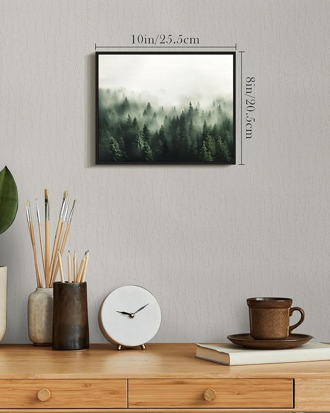 SHENIFY Green Fog Pine Tree Forest Vintage Framed Wall Art Modern Landscape Scenery Farmhouse Artwork Prints Decor for Kitchen Living Room Bedroom Bathroom - 8x10in Black Framed