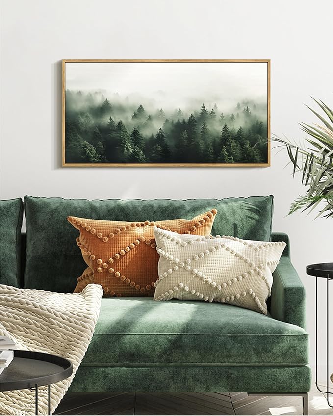 SHENIFY Green Fog Pine Tree Forest Vintage Framed Wall Art Modern Landscape Scenery Farmhouse Artwork Prints Decor for Kitchen Bedroom Living Room Bathroom - 8x16in Natural Framed