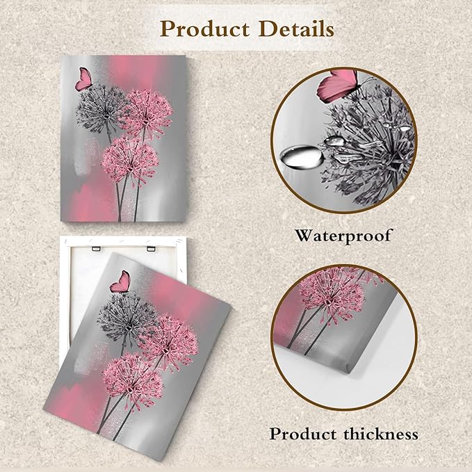 LB Pink Dandelion Canvas Wall Art Pink and Grey Dandelion with Butterfly on Modern Abstract Wall Art Aesthetic Wall Decor for Living Room Bedroom Bathroom Office Framed Ready to Hang 16L x 12W