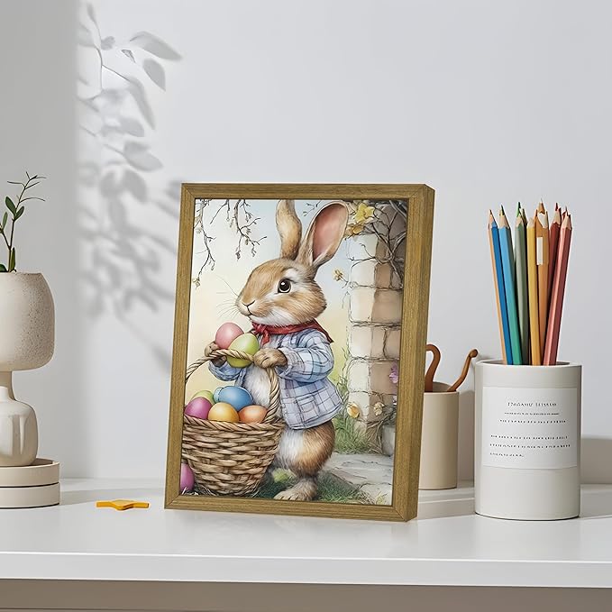 Framed Easter Bunny Wall Art, Cute Rabbit Easter Eggs Canvas Print Paintings, Vintage Holiday Decor Oil Painting, Rustic Farmhouse Spring Animal Wall Decor for Living Room Bedroom Nursery 8x10 Inch