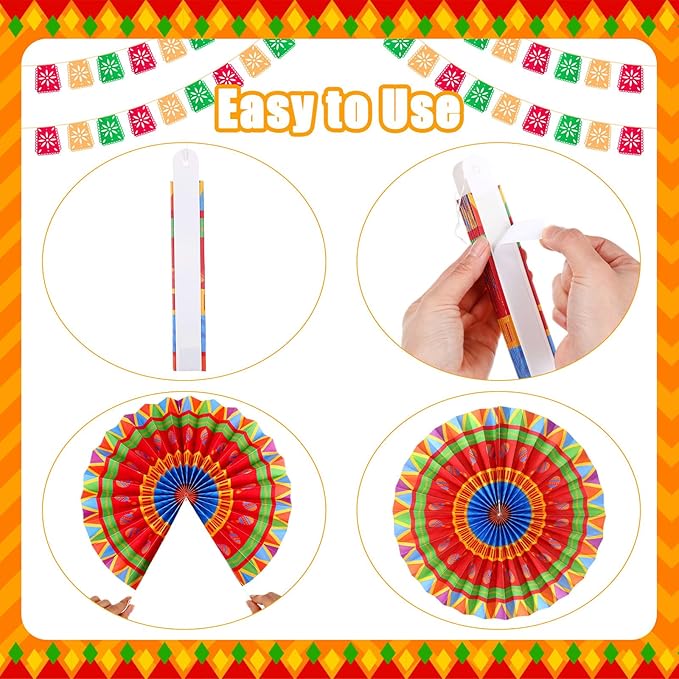 Outus 18 Pcs Mexican Fiesta Hanging Paper Fans Decorations Fiesta Party Supplies Cinco De Mayo Ceiling Wall Decor for Taco Tuesday Event Decor Luau Event Photo Props Carnival Supplies