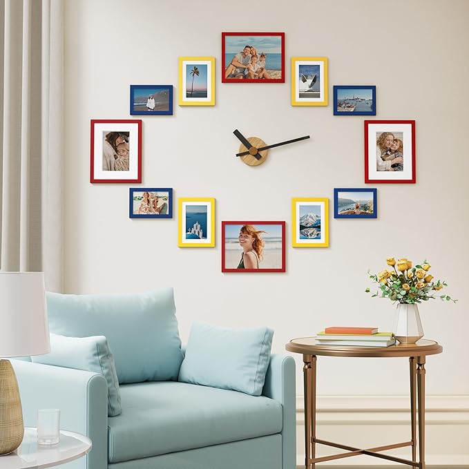 Vittanly 12 Pack Picture Frames Collage Wall Decor for Mounting or Tabletop Display, Gallery Wall Frame Set for Family, Multi Sizes Including 4pcs 8x10, 4pcs 5x7, 4pcs 4x6, Red & Yellow & Blue