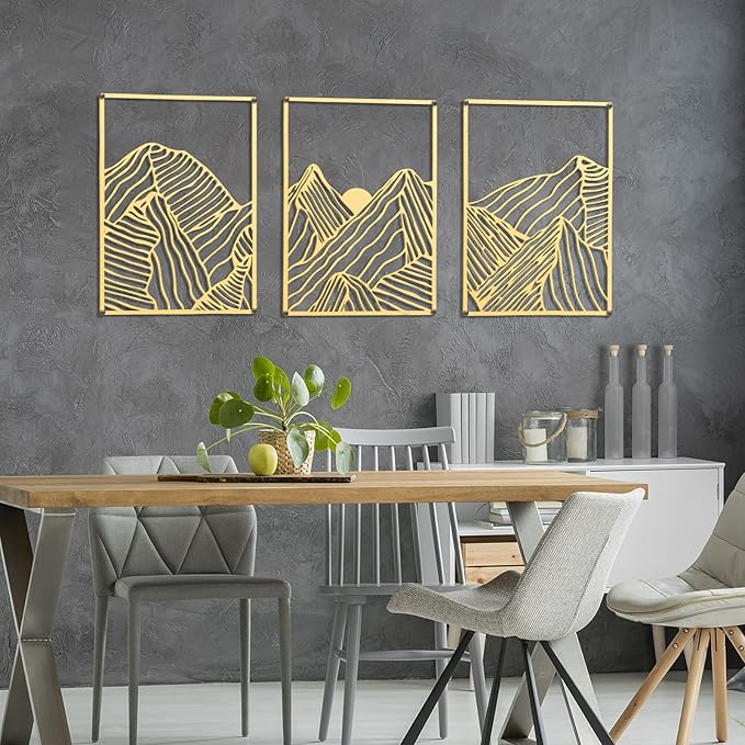 Peryiter 3 Pcs Metal Wall Art Decor Landscape Mountain Wall Hanging Decor for Living Room Abstract Minimalist Modern Mountain Line Pictures Bathroom Office Home Gifts Indoor(Gold)