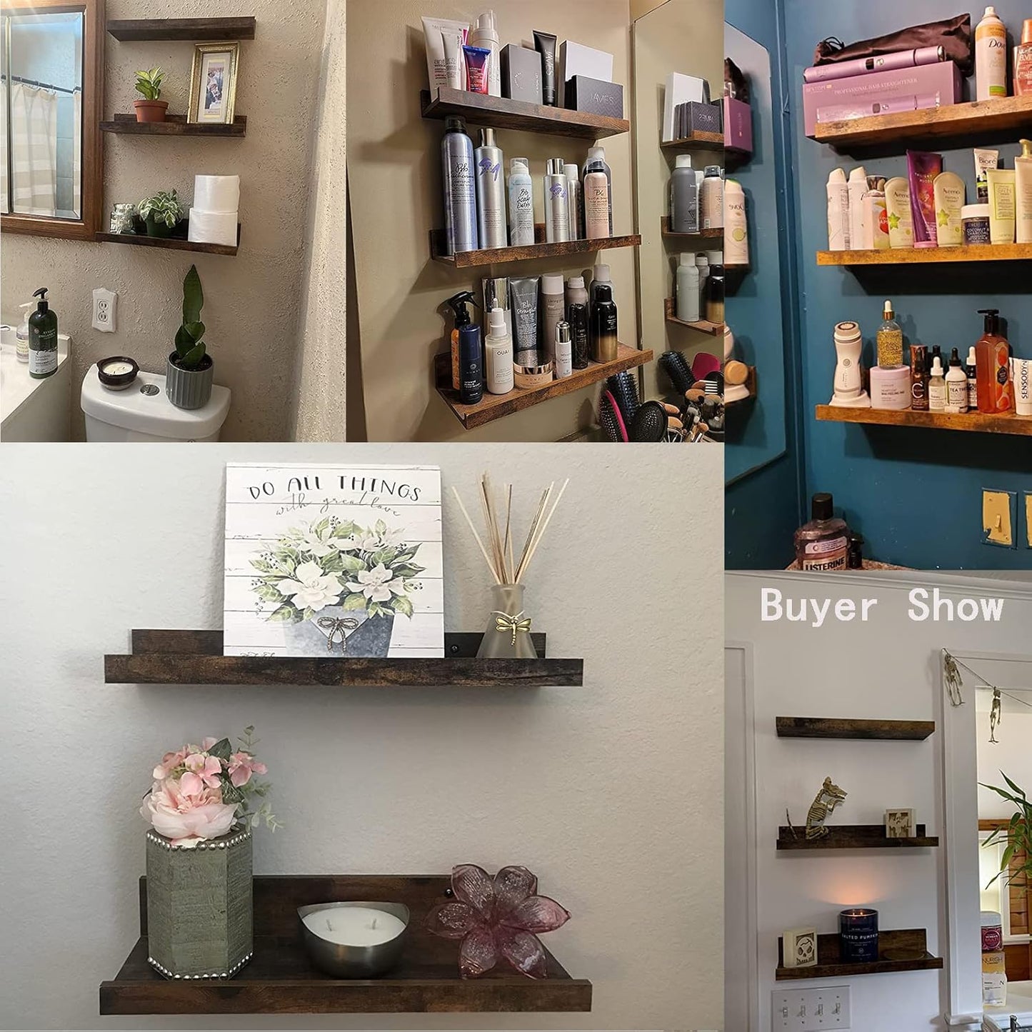 Giftgarden 16 Inch Floating Shelves for Wall Set of 3, Rustic Wall Mounted Picture Ledge Wooden Wall Shelf for Living Room Bedroom Kitchen Bathroom, 3 Different Sizes