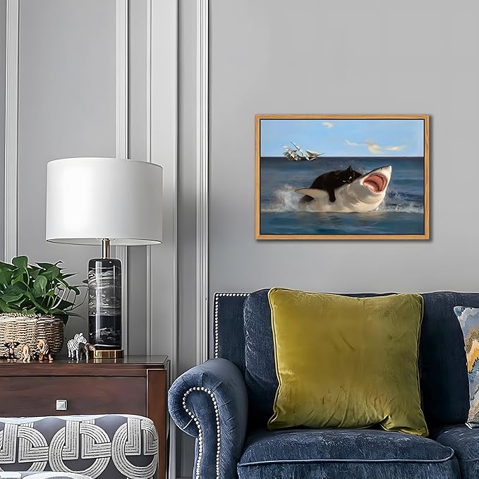 Floating Framed Black Cat Wall Art, Funny Quirky Cat and Shark Pictures Canvas Print, Abstract Black Cat Shark Posters Wall Decor for Room Bedroom Living Room Bathroom Aesthetic 12x16 inch