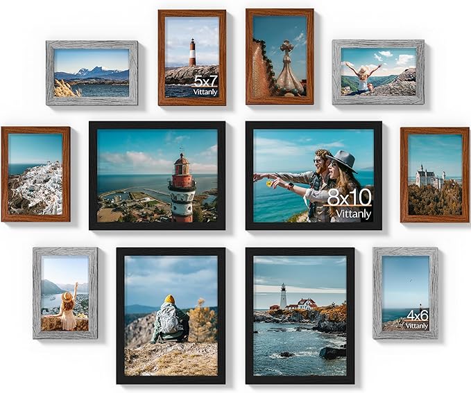Vittanly 12 Pack Picture Frames Collage Wall Decor for Mounting or Tabletop Display, Gallery Wall Frame Set for Family, Multi Sizes Including 4pcs 8x10, 4pcs 5x7, 4pcs 4x6, Black & Walnut Brown & Grey