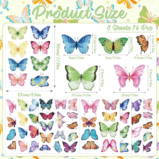 Butterfly Wall Decals 76Pcs, 8 Sheets Colorful Butterflies Wall Stickers Peel and Stick for Girls Bedroom Nursery Room DIY Art Decorations