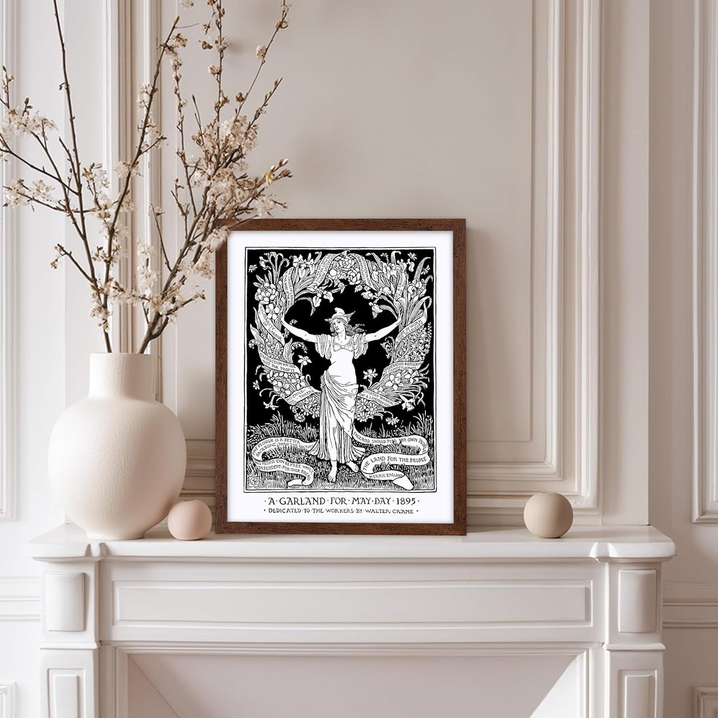 Poster Master Vintage Walter Crane Poster - Retro A Garland for May Day Print - Socialist Art - Gift for Him, Her, Men, Women - Wall Decor for Home, Office, Living Room, 11x14 Brown Framed