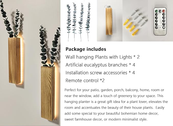 Artificial Eucalyptus with LED Lights Wall Planters Rustic Wall Decor with Lights Wall Sconces Fake Vines for Room Decor Home Bedroom Living Room Bathroom Hanging Vase for Dried Flowers Faux Plants