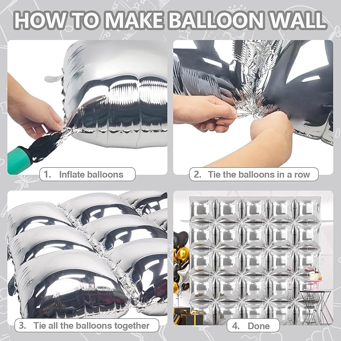 NISOCY 25PCS Metallic Silver Square Foil Balloons Wall Backdrop Chrome Silver Balloon Tunnel Garland Arch Kit for New Year Birthday anniversary Bachelorette Engagement Bridal Shower Party Decorations