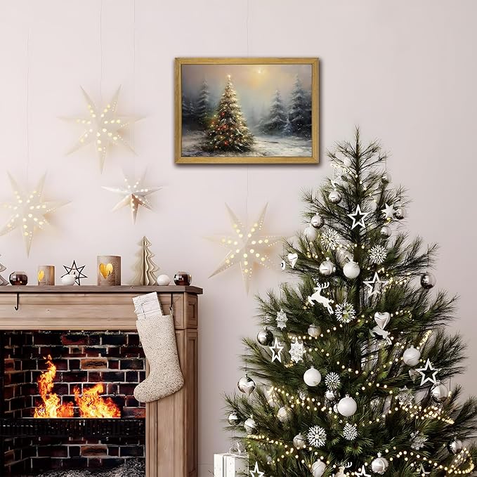 Vintage Christmas Wall Art, Vintage Pine Tree Canvas Wall Decor Painting, Rustic Winter Tree Print, Botanical Winter Art, for Table Farmhouse Mantel Home Office 12x16 Inch Wood Framed