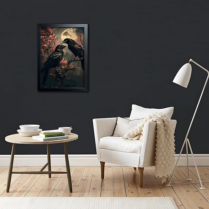 Vintage Framed Wall Art, Forest Gothic Decor, Dark Academia Celestial Moon Canvas Prints, Black Crow Cherry Blossom Painting Wall Decor for Living Room Bedroom – Black Wooden Frame 12x16 Inch