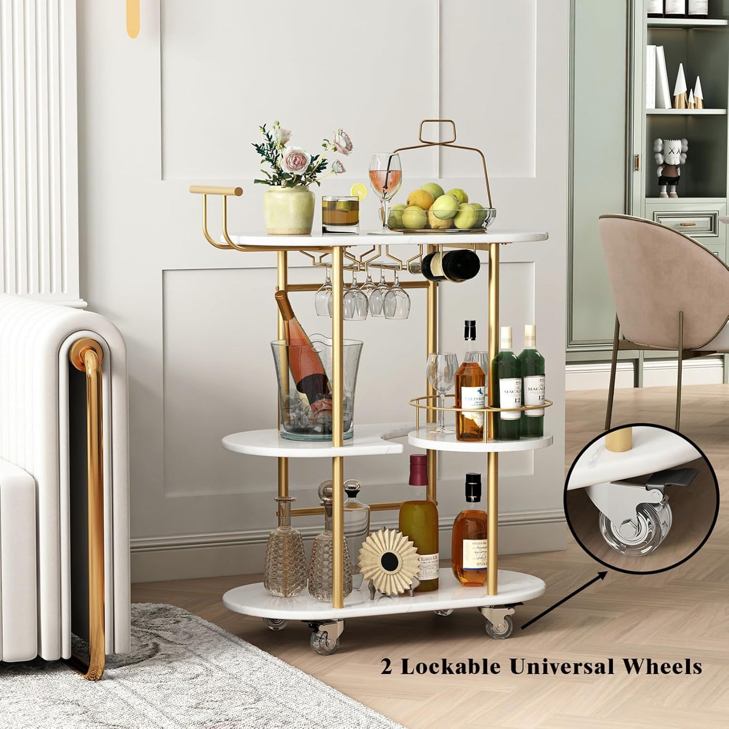 3 Tier Gold Bar Carts for Home Bar Serving Cart with Wheels, Heavy Duty Bar Wine Cart with Storage Shelves, for The Living Room, Kitchen, Bar, Party