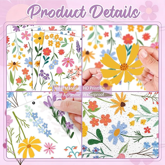Spring Flower Wall Stickers, 8 Sheets Wildflower Wall Decals Peel and Stick Floral Wall Decor for Girls Bedroom Nursery Spring Room Decorations 90 Pcs
