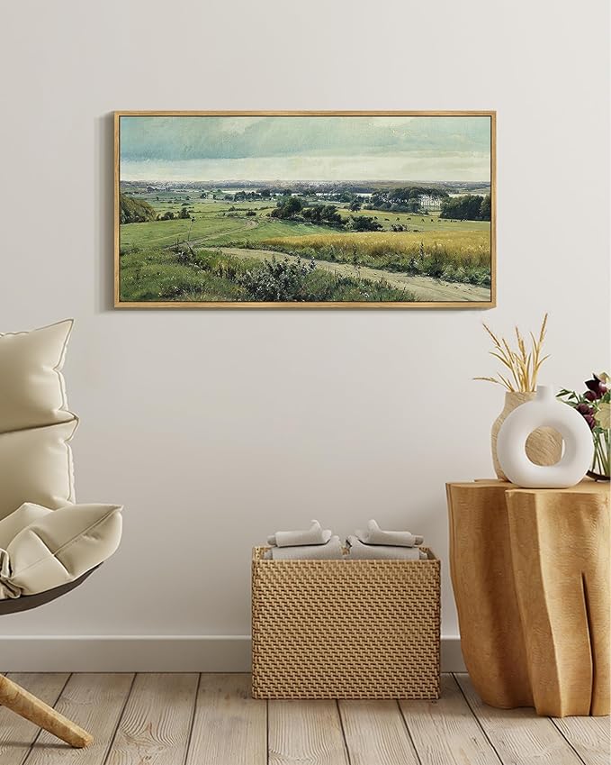 SHENIFY Vintage Landscape Framed Wall Art Rustic Countryside Meadow Farmhouse Decor Retro Grassland Painting for Kitchen Bedroom Living Room Bathroom - 8x16in Natural Framed