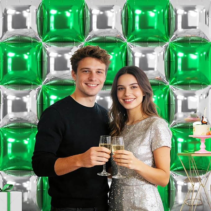 NISOCY 25PCS Green Silver Square Foil Balloons Wall Backdrop Double Sided Silver Green Balloons Arch Kit for Birthday Anniversary Graduation Forest Baby Bridal Shower Kids Party Decorations