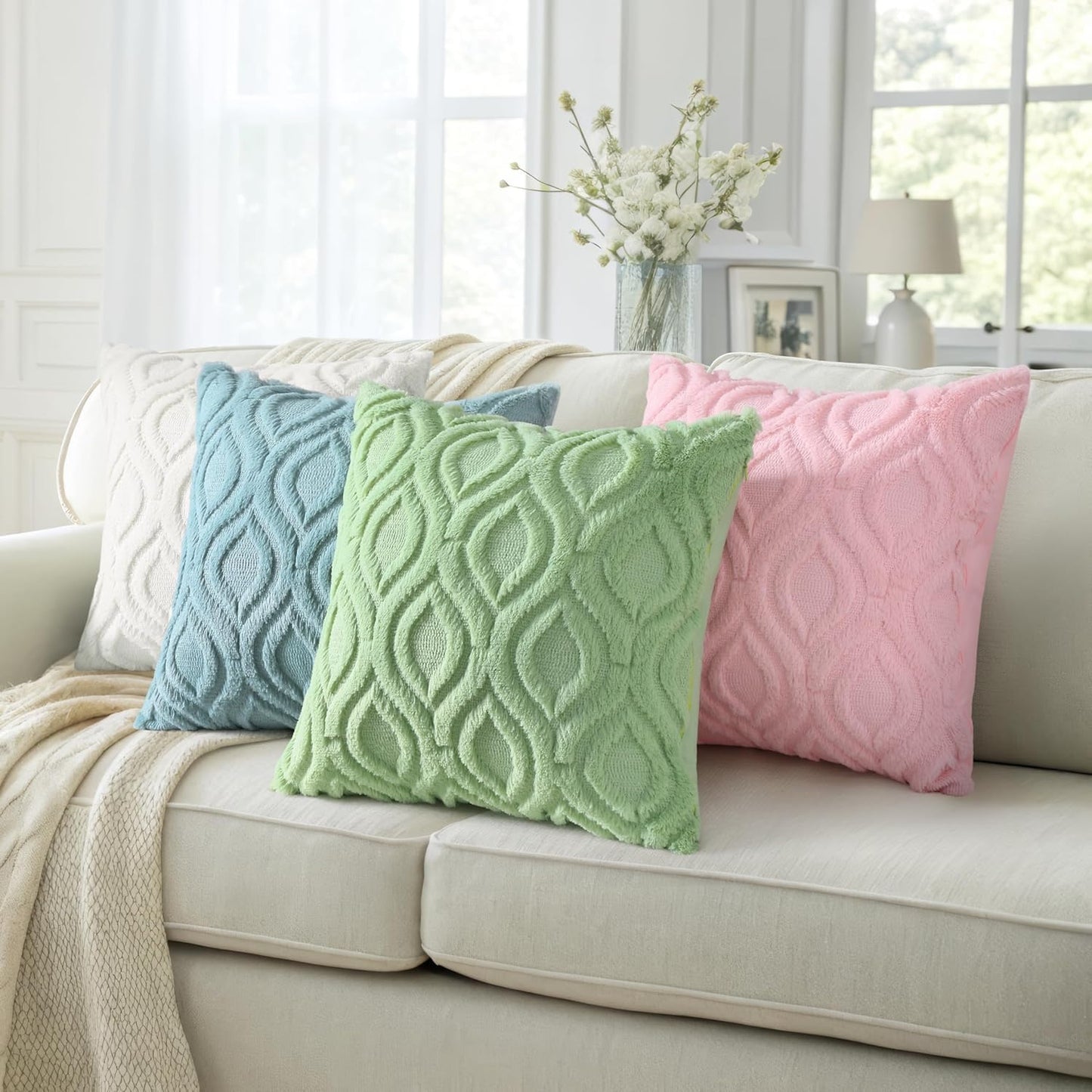 decorUhome Throw Pillow Covers 16x16 Inch Set of 2, Soft Plush Decorative Faux Fur Sage Green Solid Couch Pillow Covers, Accent Farmhouse Neutral Square Euro Pillow Cases for Sofa Bed Living Room