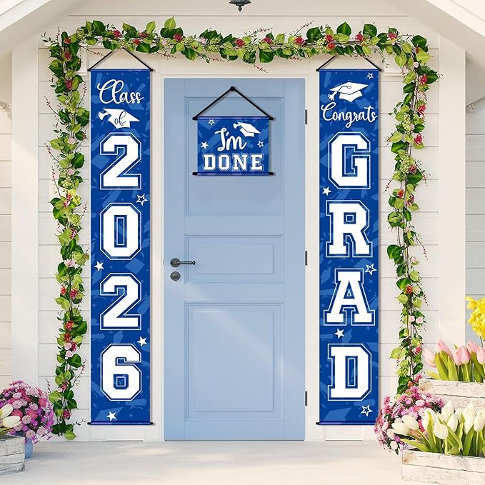 Moukeren 3 Pieces 2026 Graduation Party Decorations Graduation Porch Sign Class of 2026 Grad Hanging Porch Banner Backdrop Door Sign for Grad Party Home Door Wall Decor(Blue)
