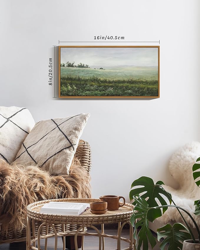 SHENIFY Vintage Framed Wall Art The Vast Grassland Landscape Painting Retro Meadow Scenery Farmhouse Kitchen Living Room Decor - 8x16in Natural Framed