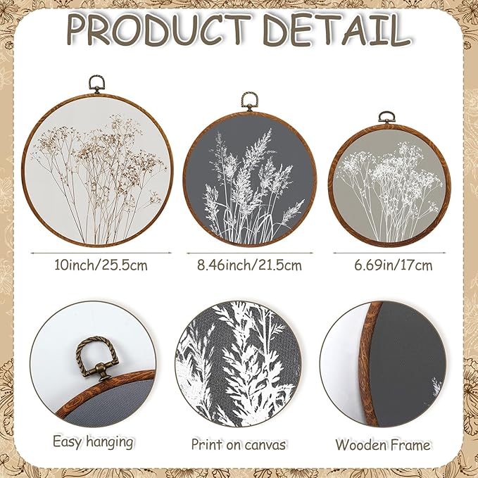 Fiwochic 3 Pcs Round Beige Wall Decor Boho Vintage Flowers Wall Artwork Spring Floral House Artwork Flowers Painting Canva Print Framed Art Farmhouse Nature Hanging Boho Decor for Bedroom
