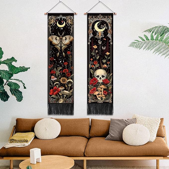 ARTCREATOR Pack of 2 Witchy Gothic Wall Bedroom Decor Moth Moon Tapestry Skull Mushroom Vertical Tapestries Retro Floral Flowers Tapestries for Bedroom Aesthetic Art Room (12.8 x 51.2 inches)