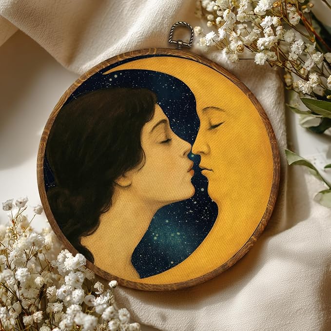Moon Celestial Vintage Black Witchy Wall Art Decor 10x10inch, Dark Witchy Moody Wall Art, Circular Wall Art Framed Canvas Print Aesthetic Celestial Decor