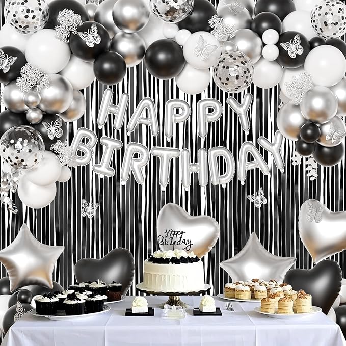Black and Silver Birthday Decorations for Men Women, Black White Silver Confetti Balloons Happy birthday Banner Butterfly Fringe Curtains for 21st 25th 27th 30th Birthday Decorations
