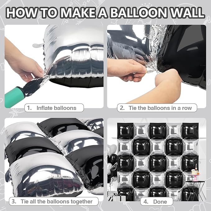 NISOCY 25PCS Black Silver Square Foil Balloons Wall Backdrop Double Sided Black Silver Balloon Arch Kit for New Year Birthday Wedding Graduation Anniversary Party Decorations