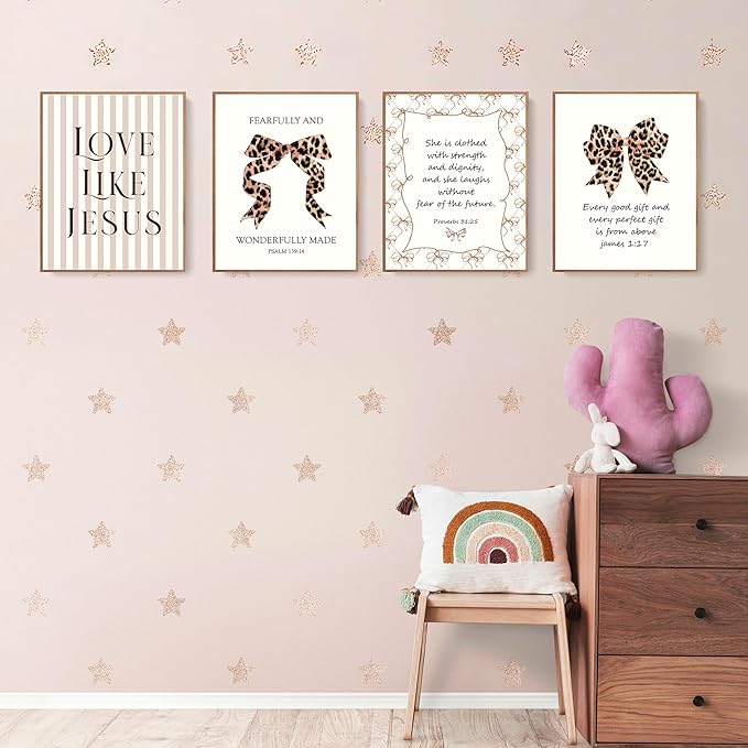 LARTSFRO Coquette Leopard Bow Jesus Wall Art Decor Posters, Y2K Cheetah Leopard Bow Room Bedroom Bathroom Dorm Wall Art Decor Aesthetic for College Teen Girls Gifts, Inspirational Bible Verses Bow Wall Decor, 10x8 Inch Set of 4 Pcs Cheetah Bow Pictures...