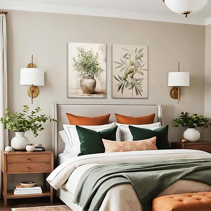 2Pcs Framed Botanical Wall Art Green Olive Branches Poster Print Neutral Farmhous Plant Picture Canvas Painting Wall decor for Living Room Kitchen or Dining Room Decor 12x16IN